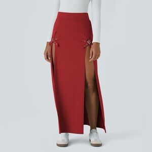 HALARA Red Orange High Waisted Decorative Buckle Split 2-in-1 Maxi Casual Skirt